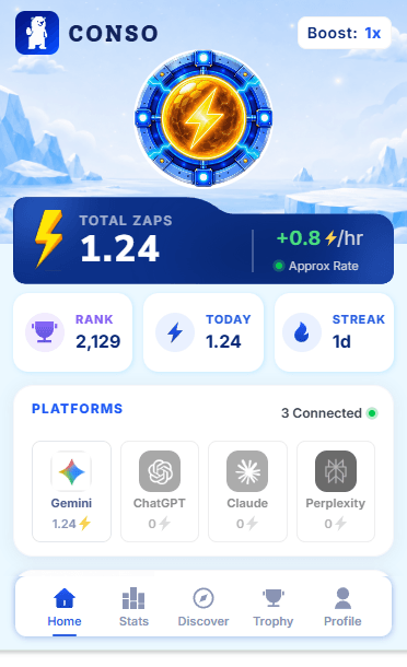 My Day 1 Stats with: conso.xyz Extension
Status: Public Beta
Access: Early Access & Invitation Only
Access Code: CONSO-IZSJU
Prompt To Earn is starting to explode โก๏ธ๐ปโโ๏ธ