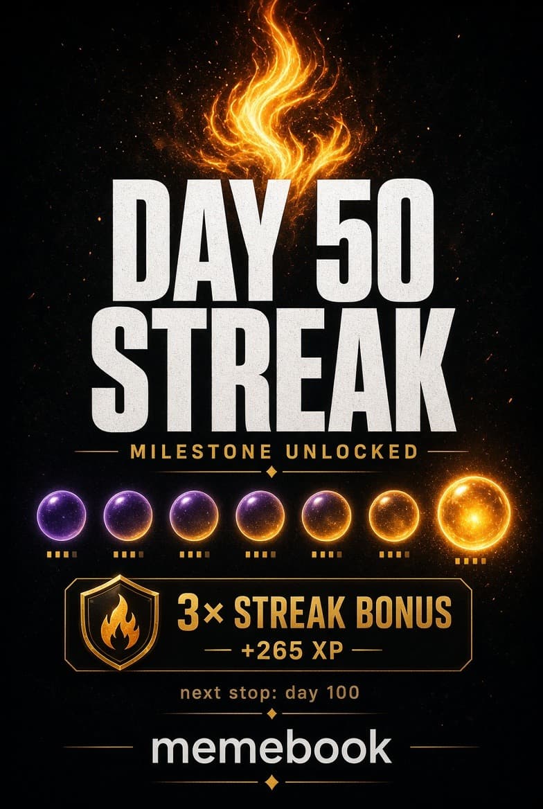 50 days streak right here! 🔥
No days off, no excuses, just pure Hu$tlin'.
Big up to the @memebook team, and you too my lovely people! ♥️
$SKR GANG