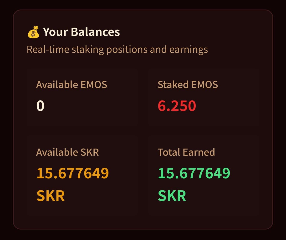 Stake EMOS and get SKR for free on Seeker Envelope.
If you want to join it would be great if you use my ref-code :-)
https://envelope.emostically.com?ref=zvK1qgQHpbMA1r2PsG9VQpmun758HoATTMy6ynxm1kM