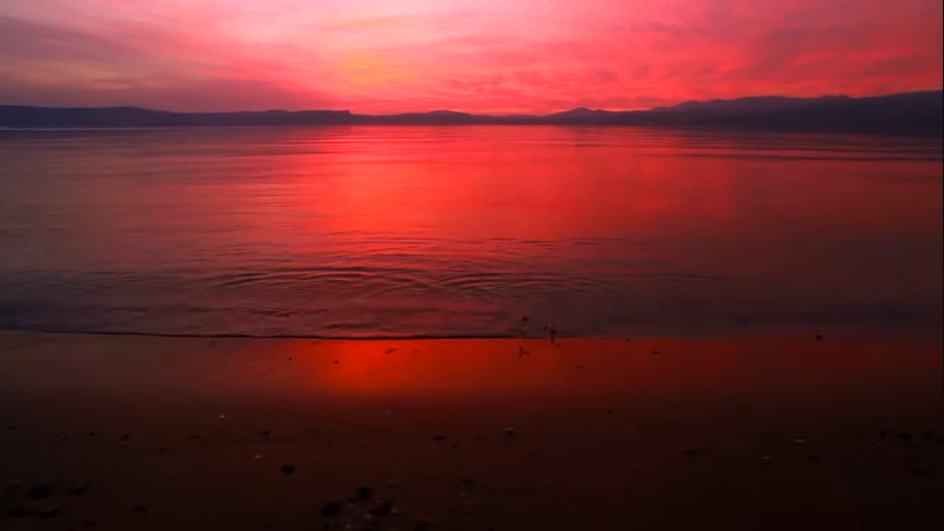 A breathtaking sunset paints the calm ocean in fiery hues of crimson and gold, whispering serenity to the quiet shore. ๐